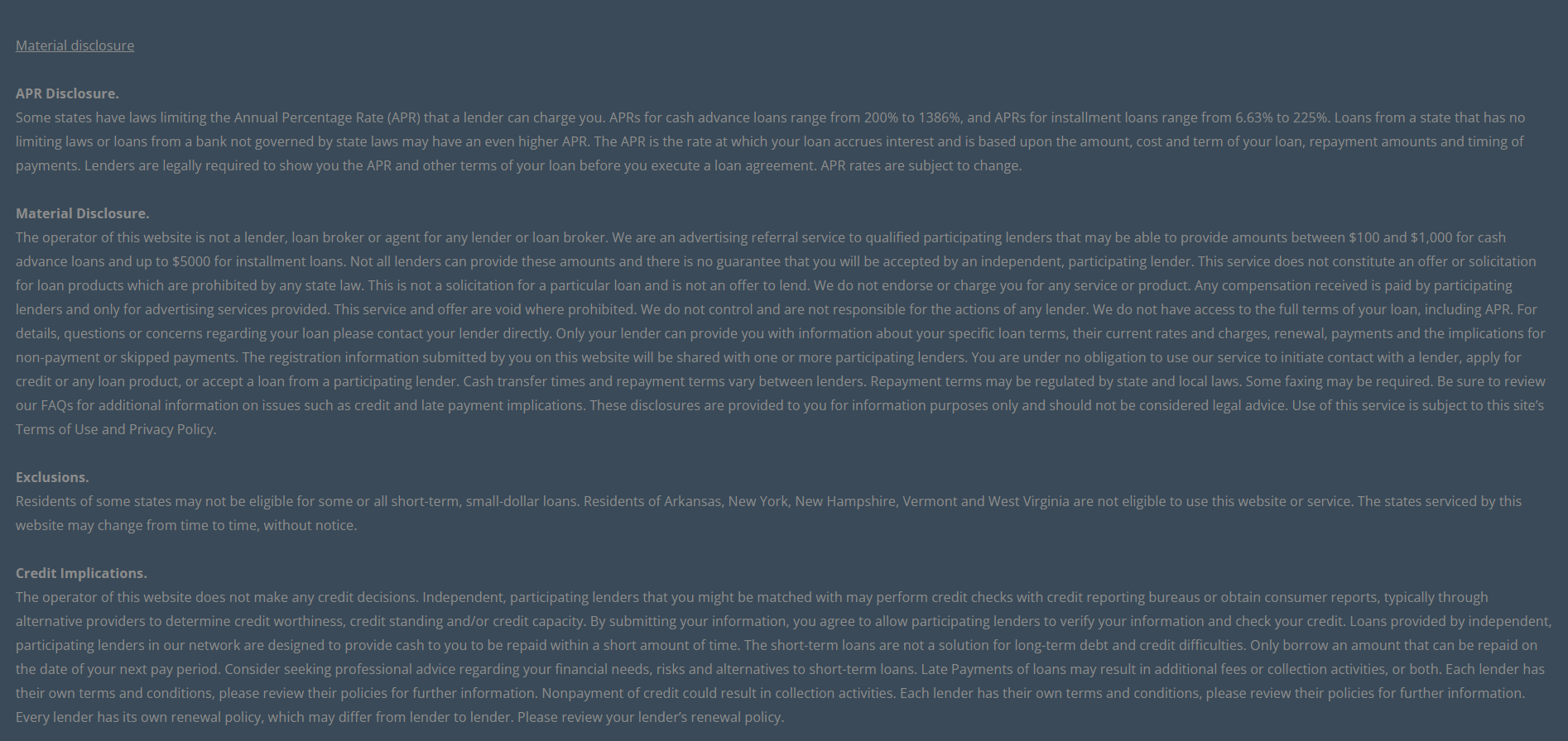 Material disclosure for payday loans in Gainesville Florida